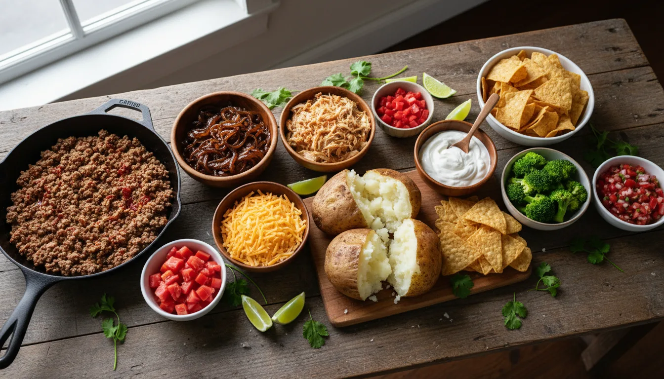 DIY taco bar for a graduation party on a budget with caramelized onions, seasoned beef, shredded chicken, cheese, sour cream, baked potatoes and tortilla chips
