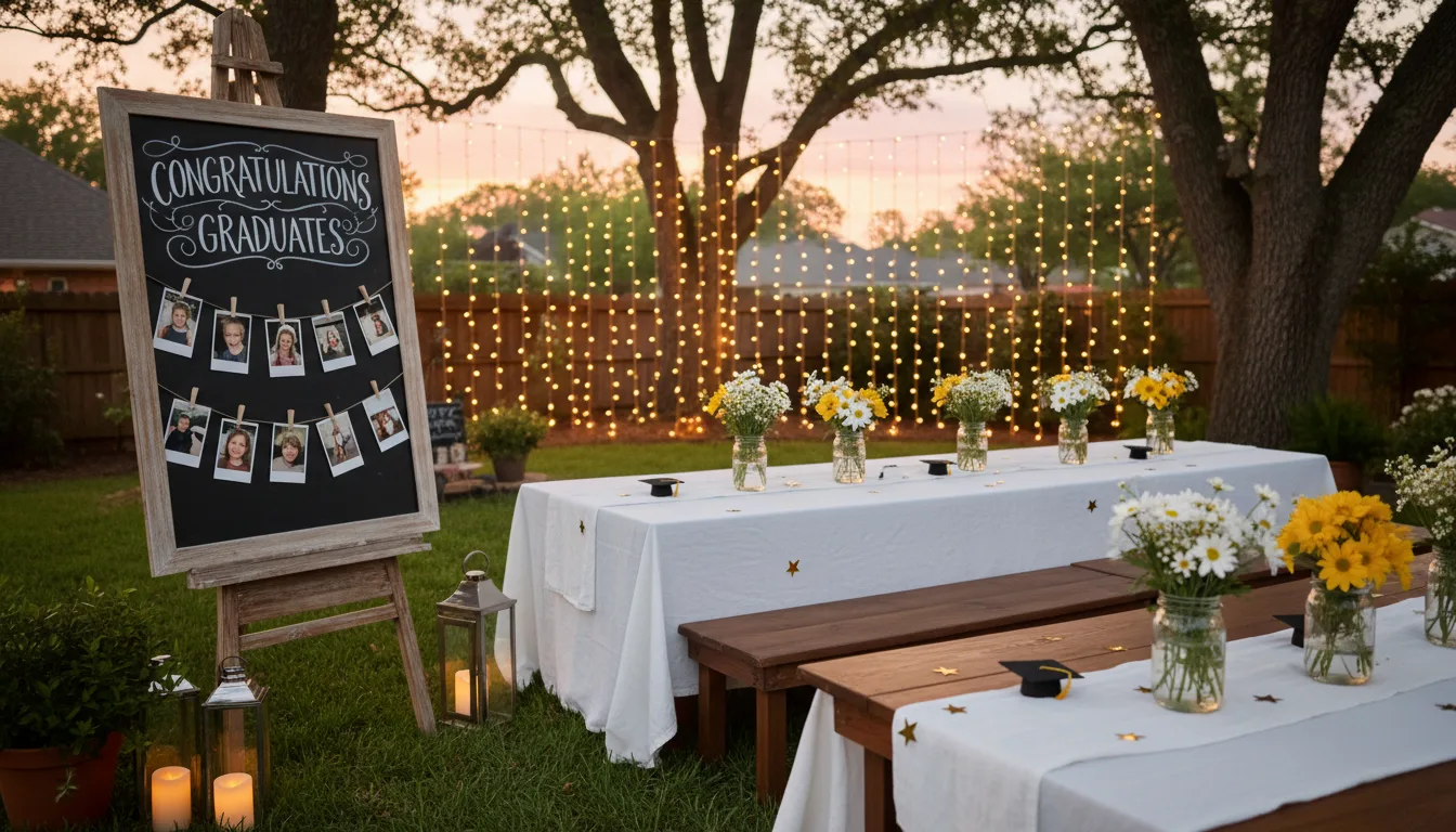 Elegant budget graduation party decor with Congratulations chalkboard, photo display, mason jar centerpieces and string lights at dusk