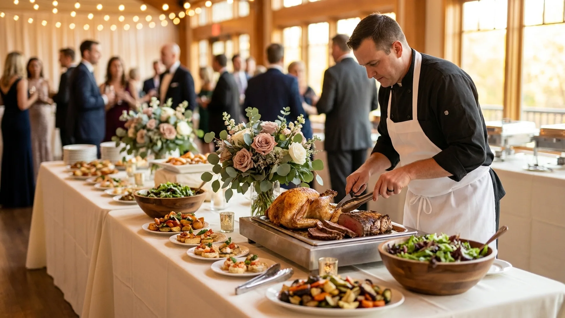 Wedding catering buffet table with assorted southern-style dishes, salads, and serving stations for guests