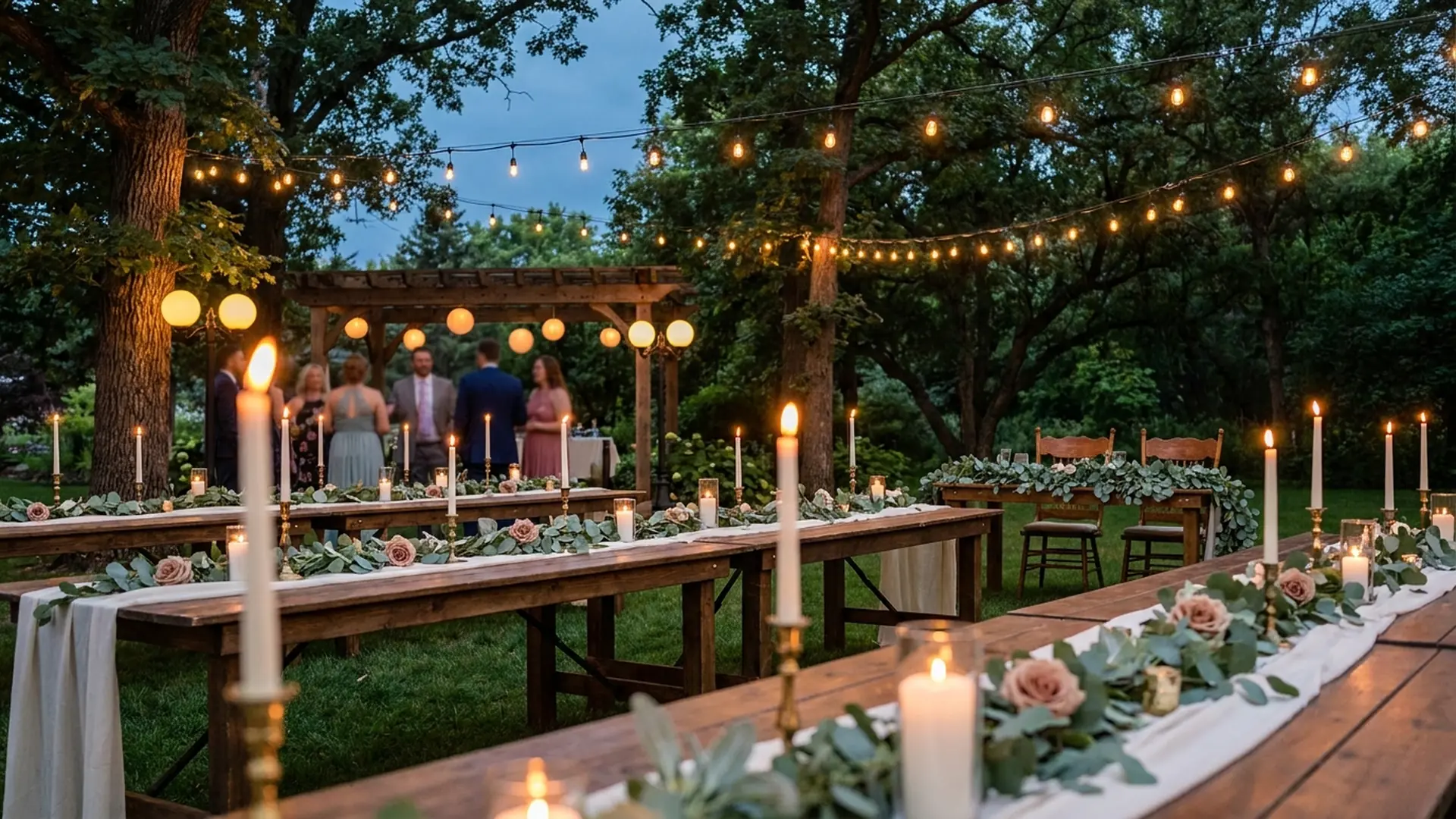 Elegant outdoor wedding reception with long dining tables, string lights, and guests celebrating at dusk